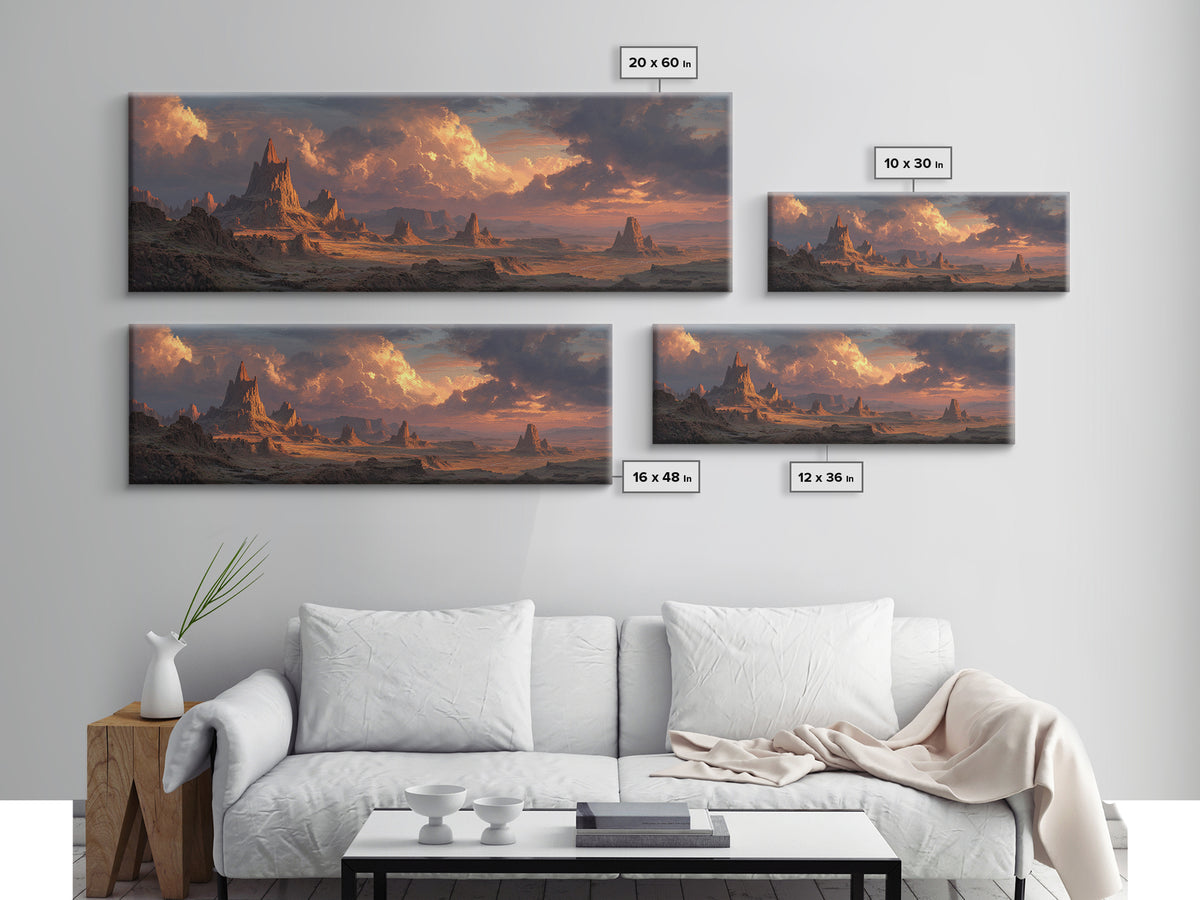 Epic Desert Spires At Sunset Canvas Print, Fantasy Landscape Wall Art For Game Room Decor, Southwestern Sci Fi Home Decor