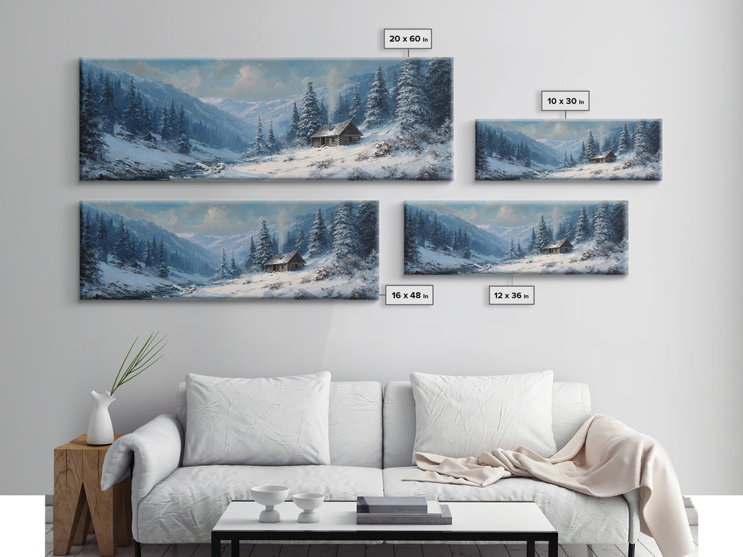 Snowy Mountain Cabin In Pine Forest, Winter Wall Art, Landscape Canvas Print, Rustic Lodge Decor, Cozy Cabin Decor, Nature Wall Art