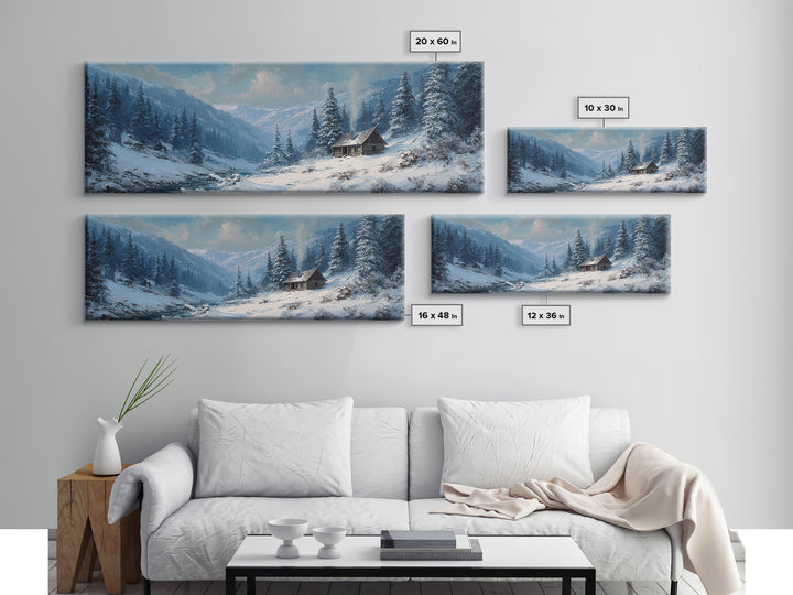 Snowy Mountain Cabin In Pine Forest, Winter Wall Art, Landscape Canvas Print, Rustic Lodge Decor, Cozy Cabin Decor, Nature Wall Art