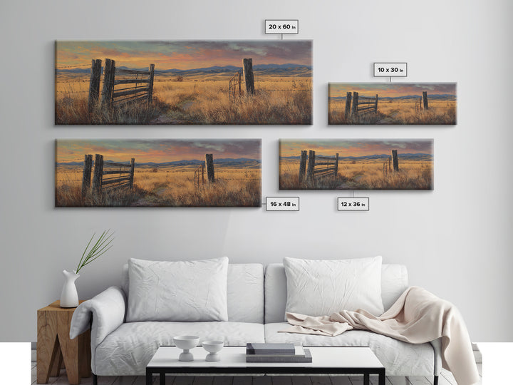 Weathered Fence And Golden Prairie Framed Canvas Print, Rustic Country Wall Art, Farmhouse Landscape, Warm Neutral Decor