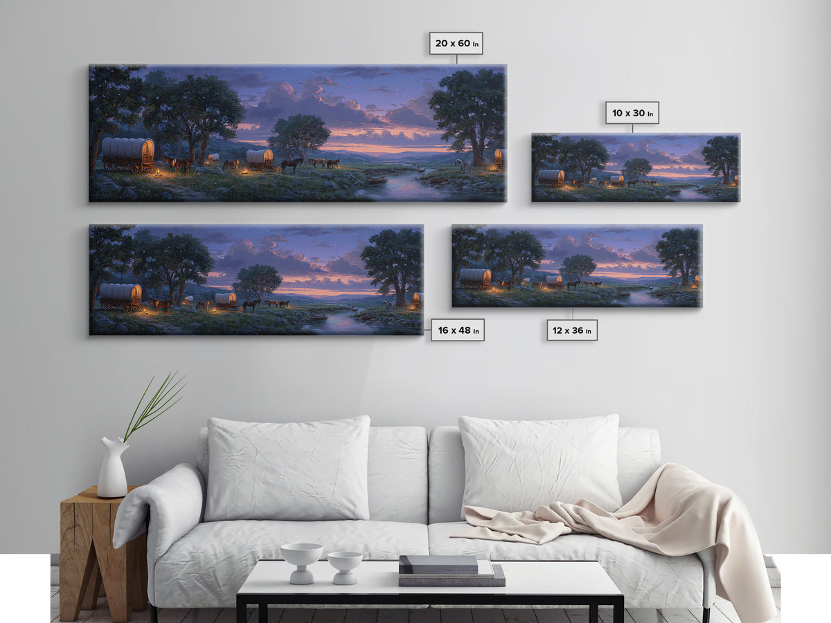 Covered Wagons At Twilight River Wall Art, Western Landscape Canvas Print, Rustic Farmhouse Decor, Cowboy Home Decor Gift