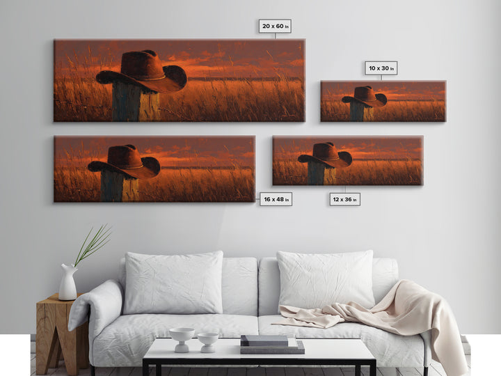 Weathered Cowboy Hat At Golden Sunset Wall Art, Western Ranch Decor, Rustic Country Landscape Print, Farmhouse Canvas Print