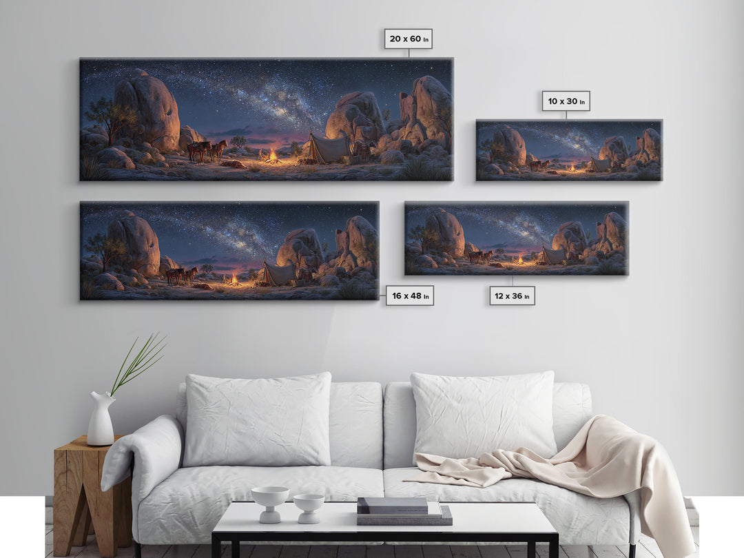 Milky Way Desert Camp With Wagon Framed Canvas Print, Western Night Sky Wall Art, Rustic Cabin Decor And Housewarming Gift For Him