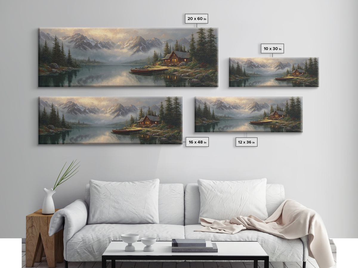 Mountain Lake Cabin Wall Art, Misty Alpine Landscape Canvas, Rustic Nature Decor, Large Horizontal Living Room Print, Housewarming Gift