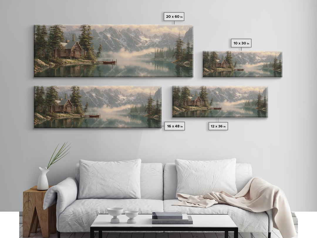 Misty Alpine Cabin Lake Wall Art, Mountain Landscape Canvas, Rustic Nature Decor, Large Horizontal Living Room Print, Housewarming Gift