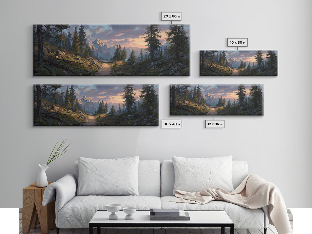 Misty Mountain Forest Trail Canvas Print, Panoramic Landscape Wall Art, Rustic Cabin Decor, Nature Print, Living Room Art