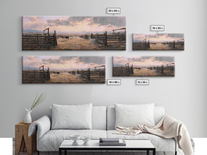 Rustic Cattle Corral At Sunset Wall Art, Western Ranch Canvas Print, Farmhouse Country Decor, Moody Landscape Gift For Him