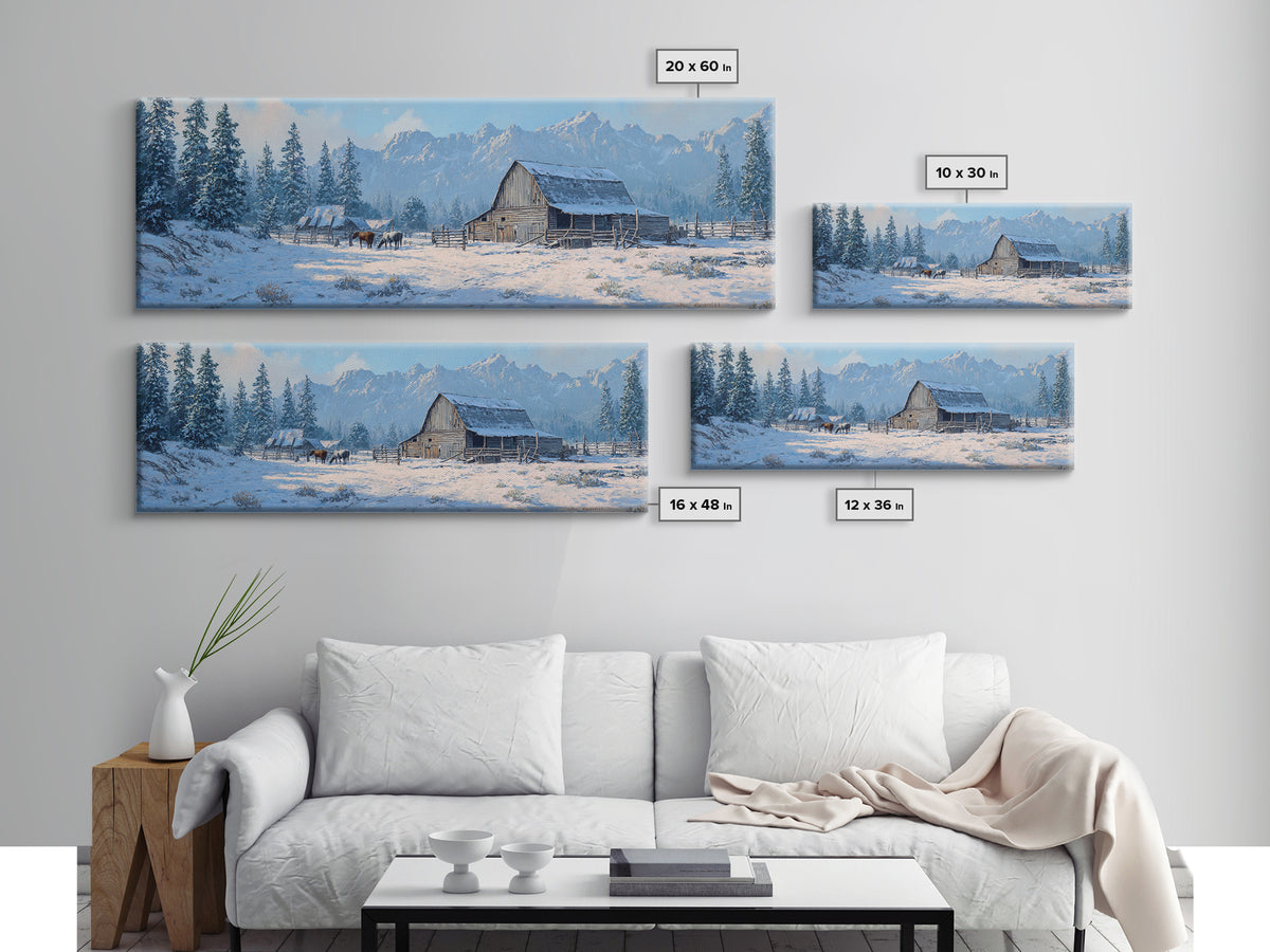Snowy Mountain Barn Framed Canvas Print, Rustic Farmhouse Wall Art, Winter Landscape Decor, Cabin Living Room Wall Art Print