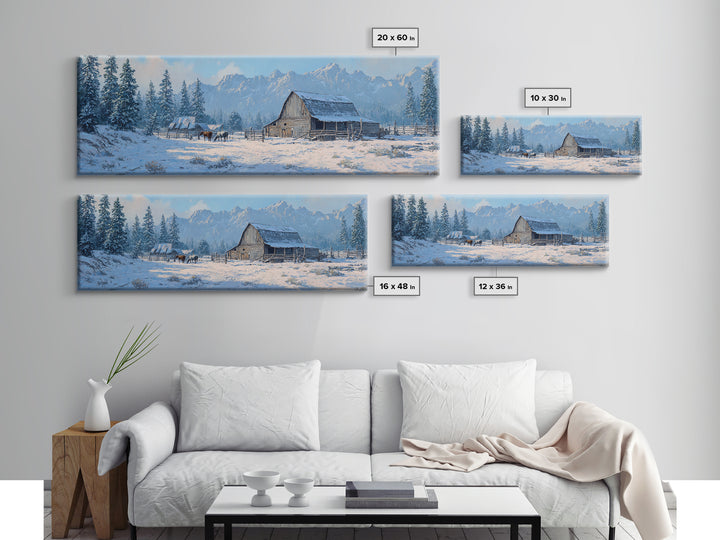 Snowy Mountain Barn Framed Canvas Print, Rustic Farmhouse Wall Art, Winter Landscape Decor, Cabin Living Room Wall Art Print