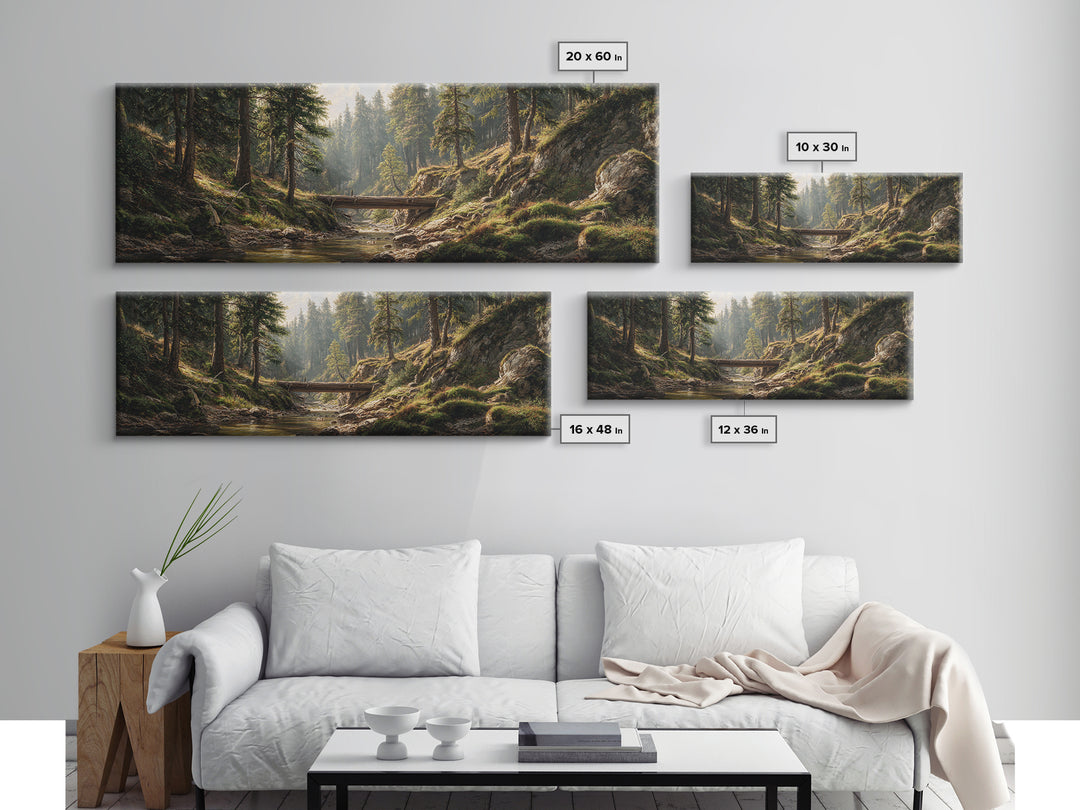 Sunlit Forest Creek Framed Canvas Print, Rustic Landscape Wall Art, Nature Cabin Decor, Large Horizontal Living Room Art