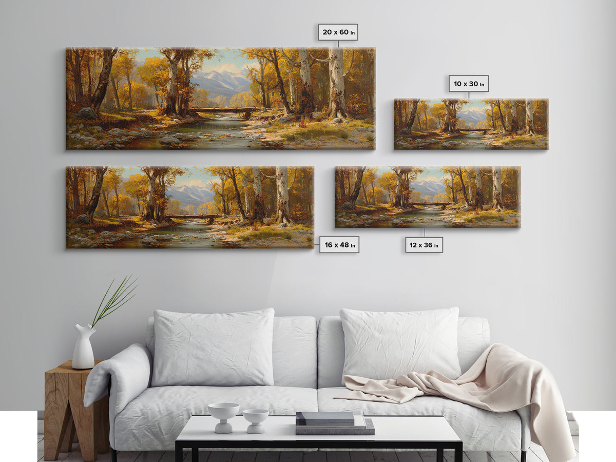 Autumn River Birch Forest Canvas Print, Mountain Landscape Painting, Rustic Wall Art, Farmhouse Decor, Nature Wall Decor