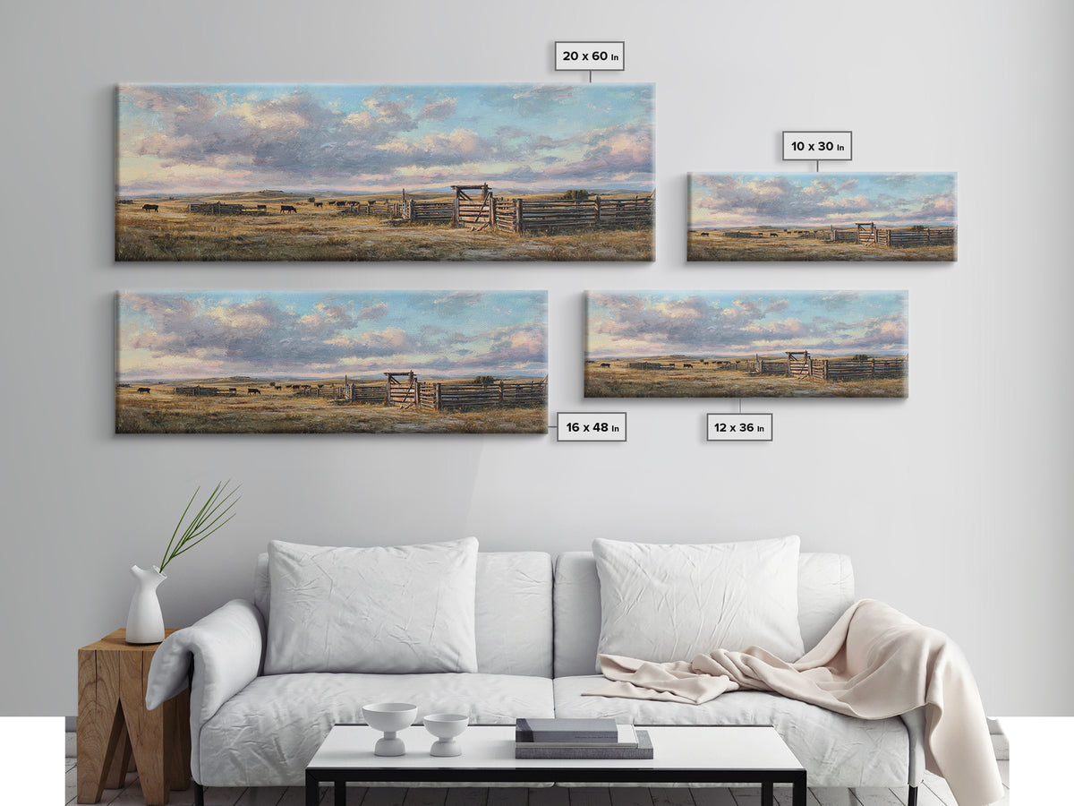 Wide Western Prairie Corral Canvas Print, Rustic Ranch Landscape Wall Art, Farmhouse Decor, Cowboy Housewarming Gift For Him