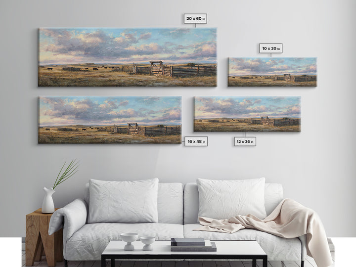 Wide Western Prairie Corral Canvas Print, Rustic Ranch Landscape Wall Art, Farmhouse Decor, Cowboy Housewarming Gift For Him