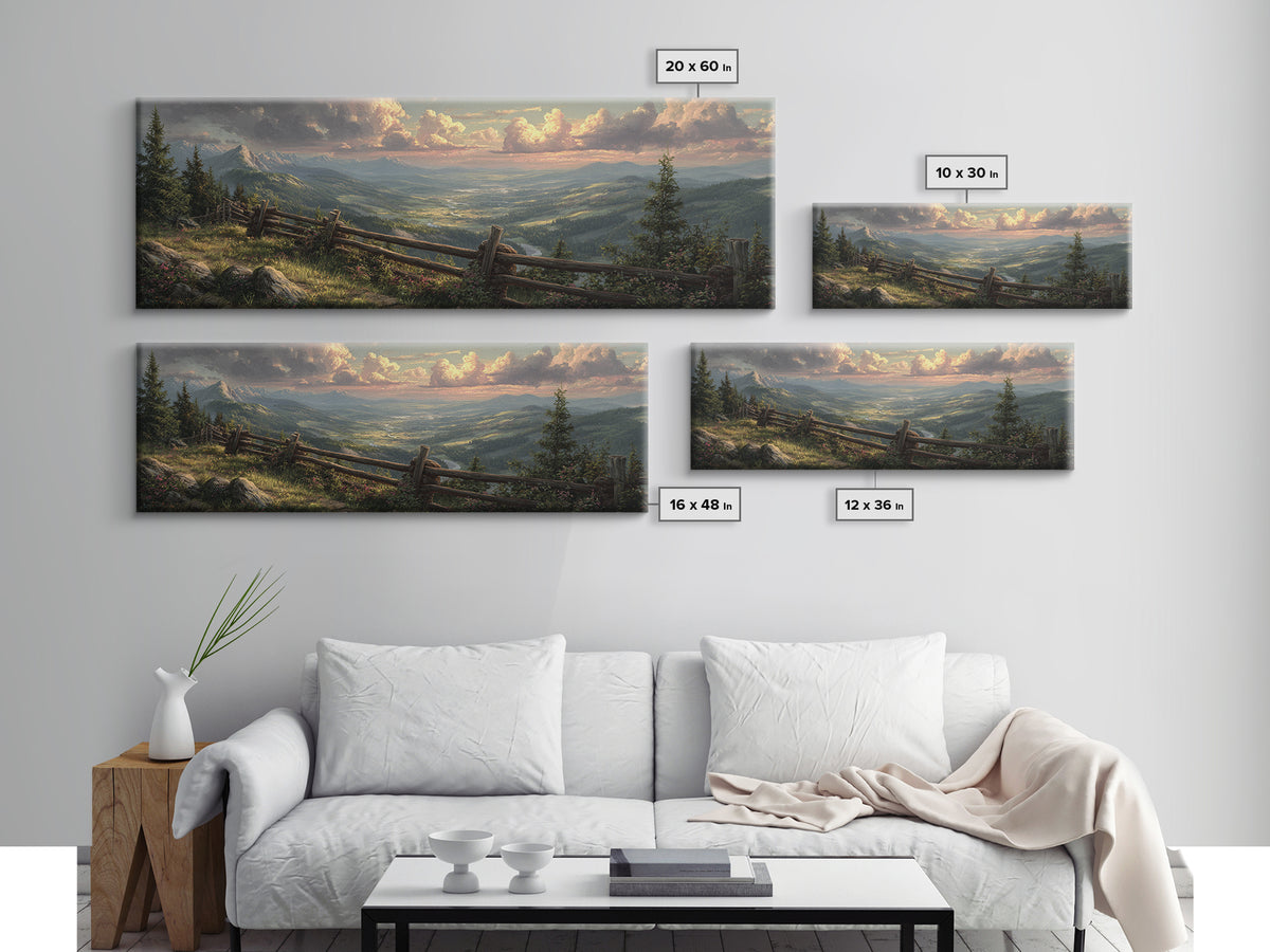 Misty Mountain Valley Landscape Wall Art, Rustic Cabin Nature Painting, Large Panoramic Decor For Living Room And Office