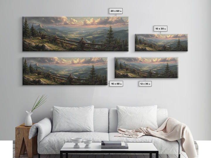 Misty Mountain Valley Landscape Wall Art, Rustic Cabin Nature Painting, Large Panoramic Decor For Living Room And Office