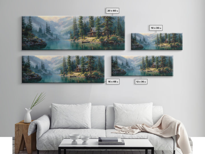 Misty Mountain Lake Cabin Wall Art, Rustic Landscape Painting, Nature Wall Decor, Lake House Canvas, Cozy Home Decor Gift