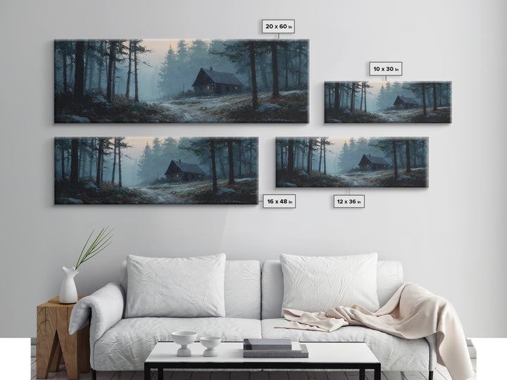 Snowy Cabin In Misty Pine Forest Wall Art, Winter Landscape Canvas Print, Rustic Cabin Decor, Cozy Nature Wall Decor, Above Bed Art