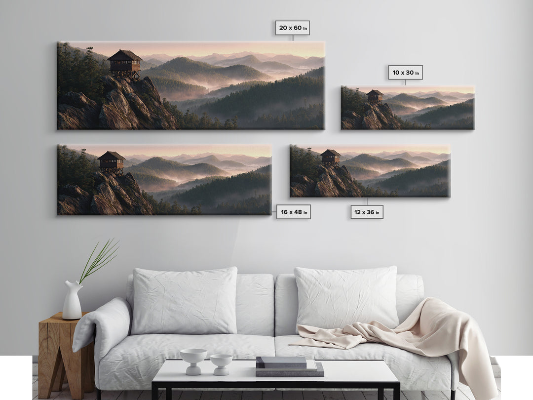 Misty Mountain Lookout Cabin Framed Canvas Print, Rustic Wall Art, Forest Landscape Decor, Cabin Housewarming Nature Gift