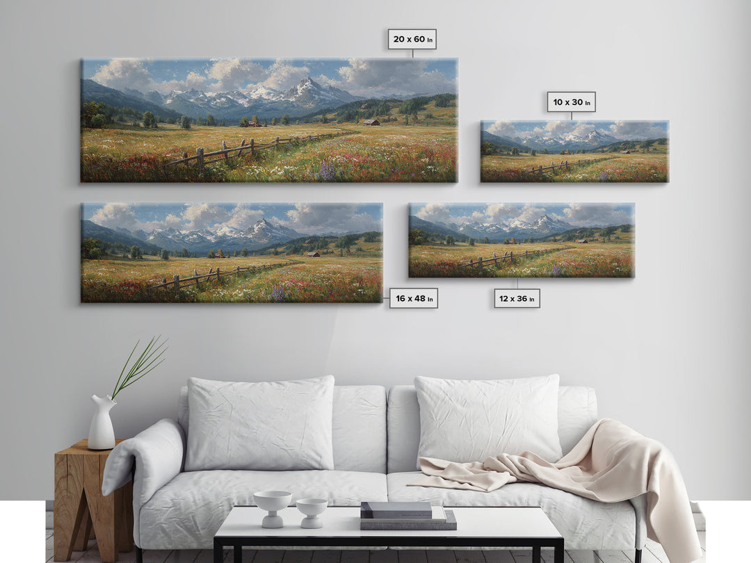 Wildflower Meadow Mountain Wall Art, Alpine Landscape Canvas Print, Rustic Farmhouse Decor, Large Living Room Art Housewarming Gift