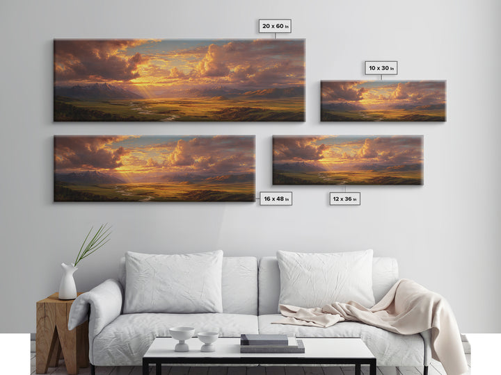 Golden Mountain Valley Sunset Wall Art, Panoramic Landscape Painting, Rustic Nature Decor For Living Room And Office Wall Decor
