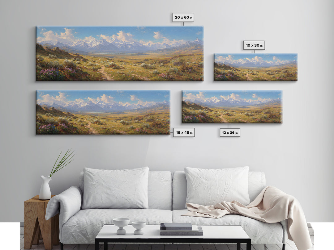 Wildflower Meadow Mountain Landscape Wall Art, Panoramic Canvas Print, Rustic Nature Decor, Large Living Room Wall Decor
