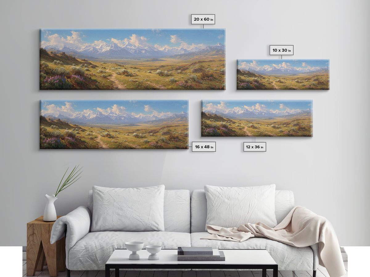 Wildflower Meadow Mountain Landscape Wall Art, Panoramic Canvas Print, Rustic Nature Decor, Large Living Room Wall Decor