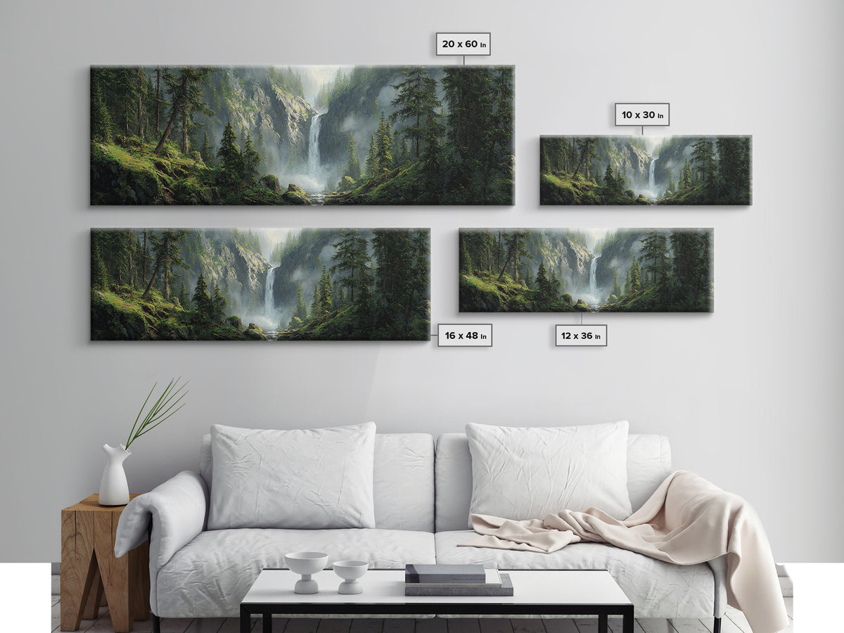 Misty Waterfall Forest Framed Canvas Print, Mountain Landscape Wall Art, Nature Wall Decor, Cabin Decor, Large Horizontal Art