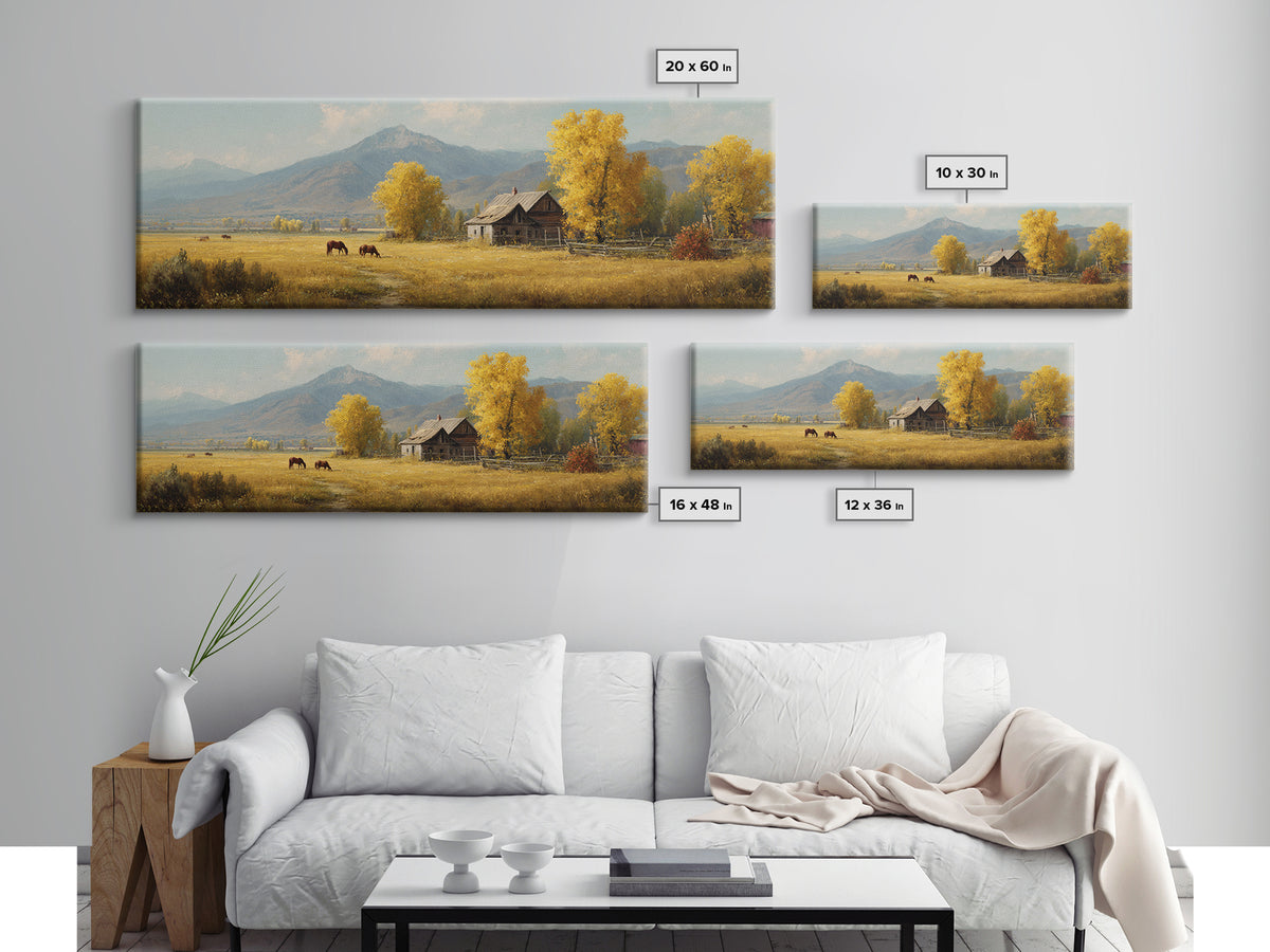 Autumn Mountain Cabin And Horses Wall Art, Rustic Farmhouse Landscape Painting, Country Home Decor, Large Canvas Print Gift