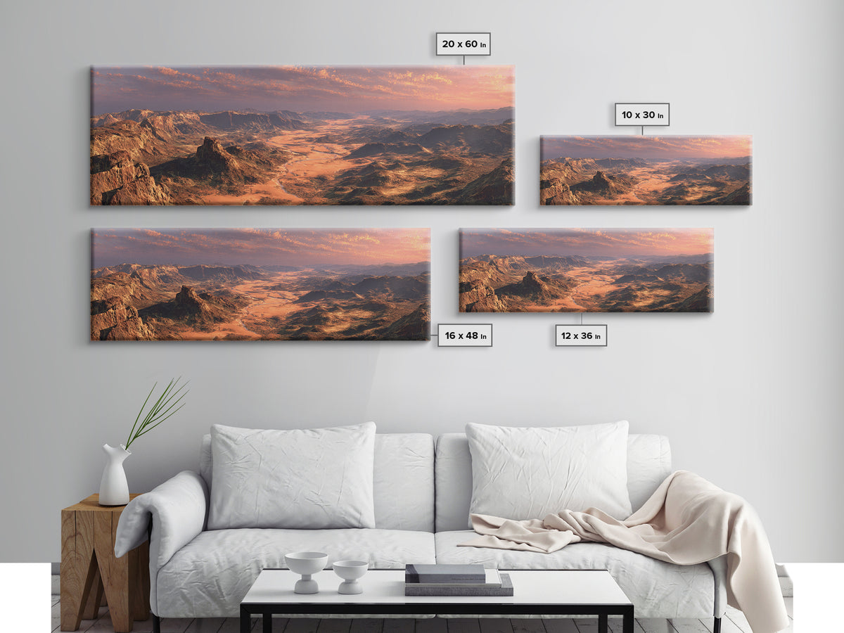 Golden Desert Valley Wall Art, Panoramic Mountain Landscape Canvas Print, Southwestern Home Decor, Large Above Sofa Art Print
