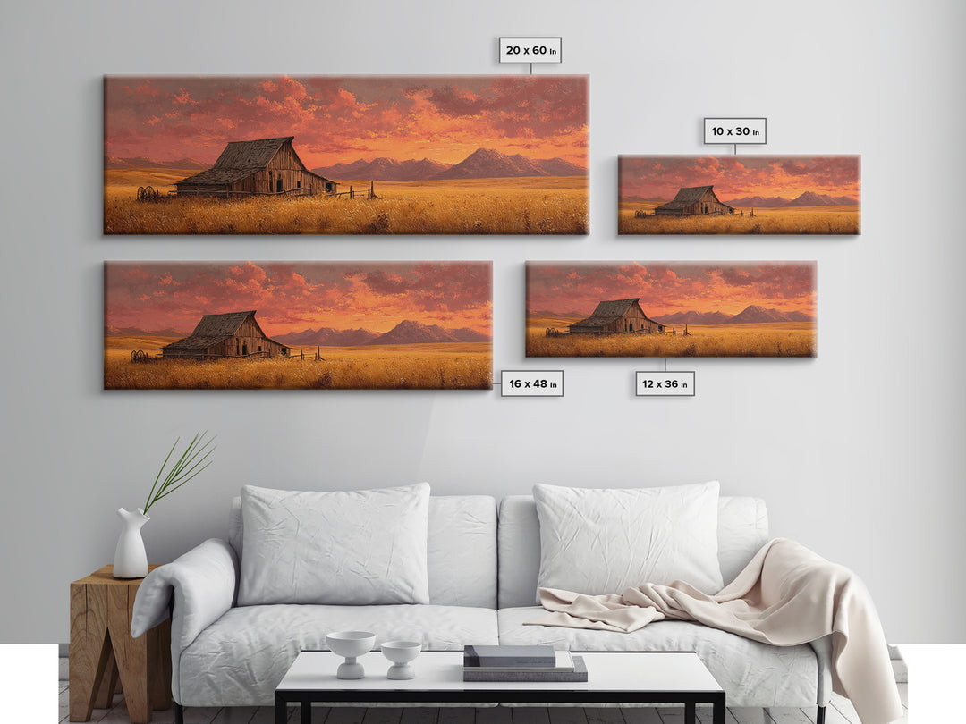 Rustic Barn At Sunset Framed Canvas Print, Western Landscape Living Room Wall Art, Farmhouse Decor, Country Home Housewarming Gift