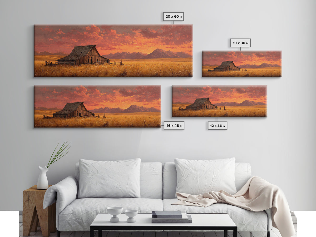 Rustic Barn At Sunset Framed Canvas Print, Western Landscape Living Room Wall Art, Farmhouse Decor, Country Home Housewarming Gift