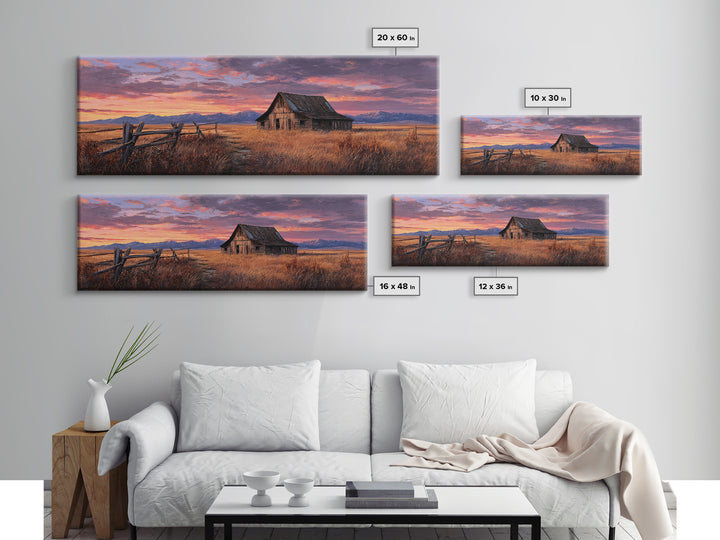 Rustic Barn Sunset Framed Canvas Print, Western Landscape Wall Art, Farmhouse Decor, Mountain Ranch Housewarming Gift For Him
