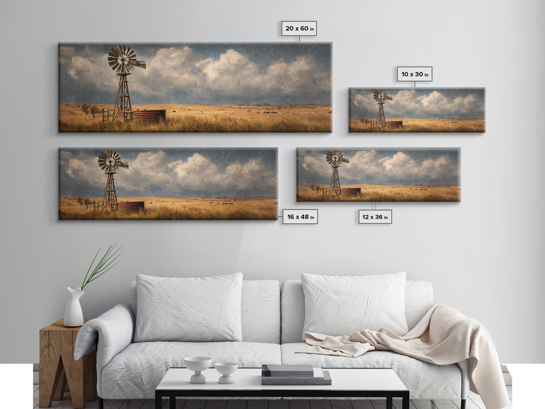 Stormy Prairie Windmill Wall Art, Rustic Western Canvas Print, Farmhouse Landscape Decor, Large Country Art For Living Room