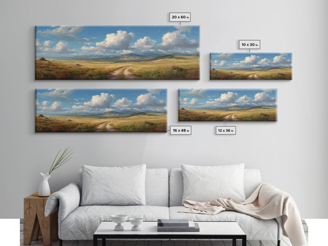 Open Prairie Path And Clouds Framed Canvas Print, Country Landscape Wall Art, Rustic Farmhouse Decor, Nature Oil Painting Print