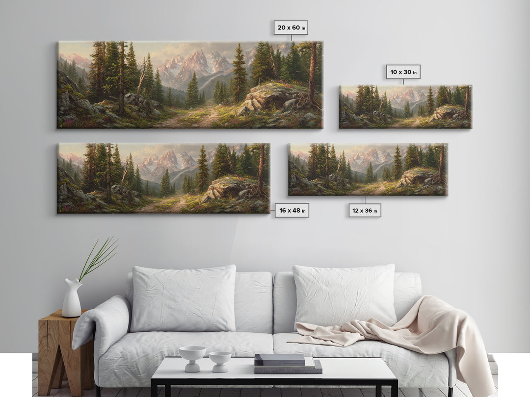 Alpine Forest Trail Mountain Landscape Wall Art, Panoramic Canvas Print For Cabin Living Room Decor And Nature Lovers Gift