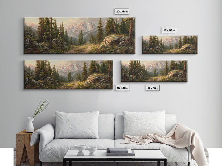 Alpine Forest Trail Mountain Landscape Wall Art, Panoramic Canvas Print For Cabin Living Room Decor And Nature Lovers Gift