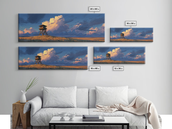 Prairie Watchtower Under Golden Clouds Wall Art, Western Landscape Canvas Print, Rustic Nature Decor, Large Horizontal Art