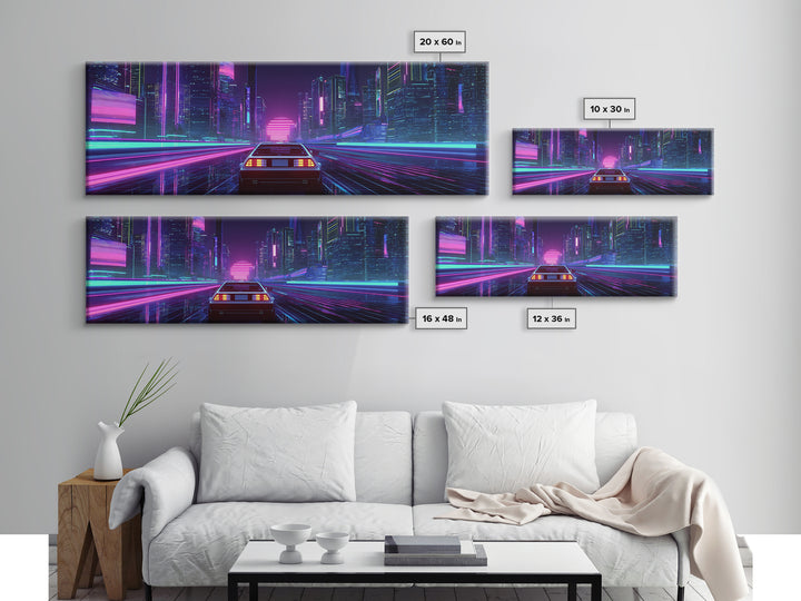 Neon Car Racing Through Cyberpunk City Canvas Print, Futuristic Wall Art, Synthwave Decor, Sci Fi Gaming Room Poster Art