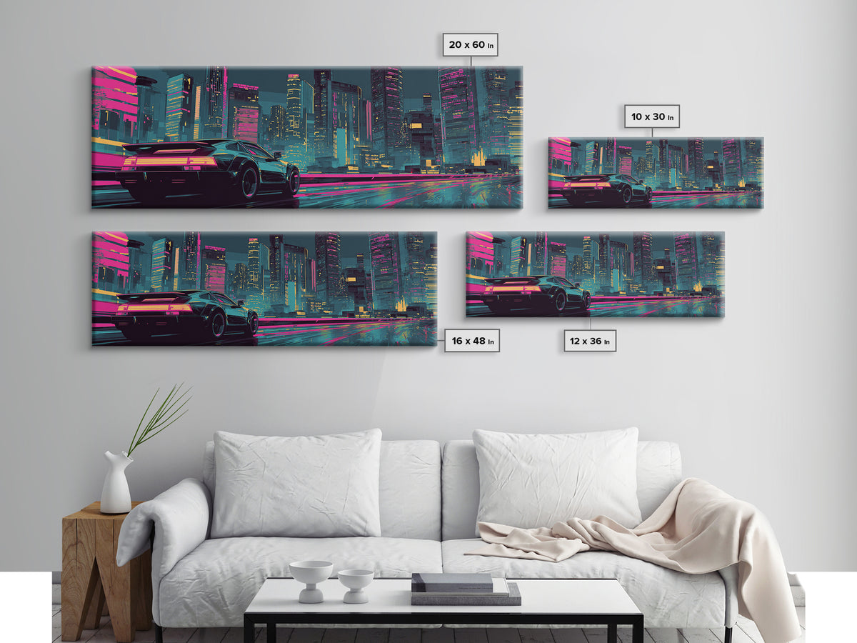 Cyberpunk Sports Car Canvas Print, Neon City Wall Art, Futuristic Gaming Room Decor, Large Synthwave Modern Wall Art Print