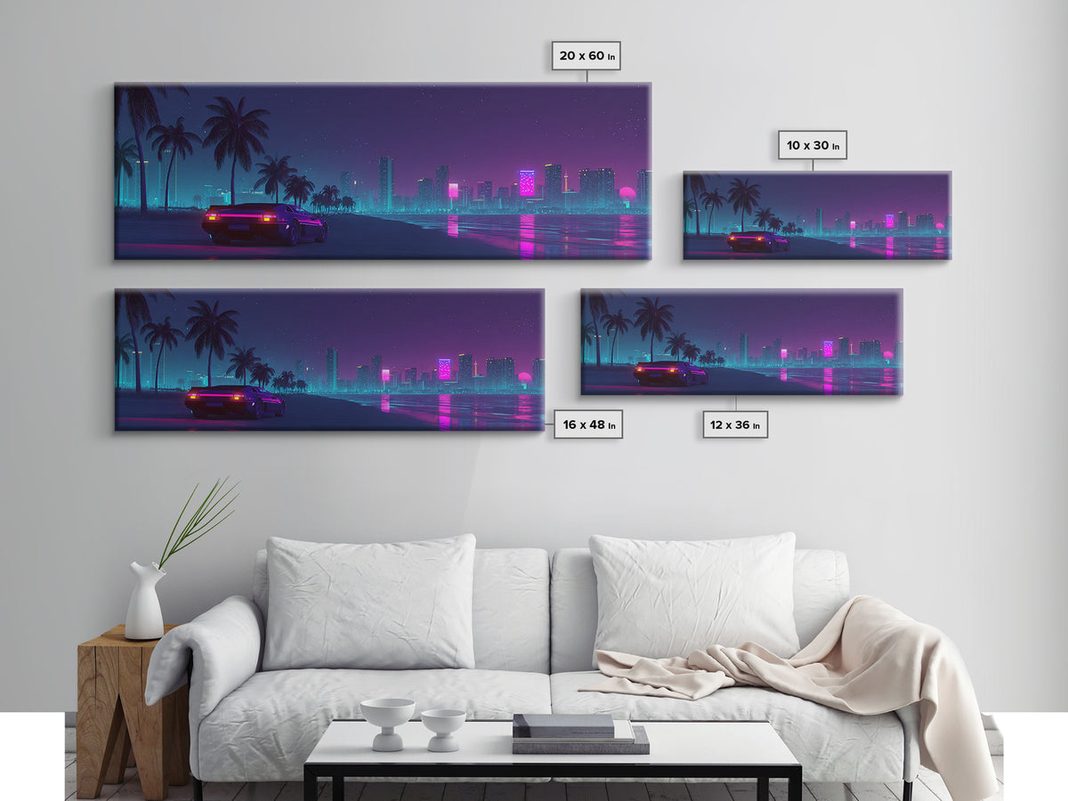 Neon Cyberpunk City Beach Wall Art, Retro Futuristic Canvas Print, Vaporwave Decor For Gaming Room And Modern Office Decor