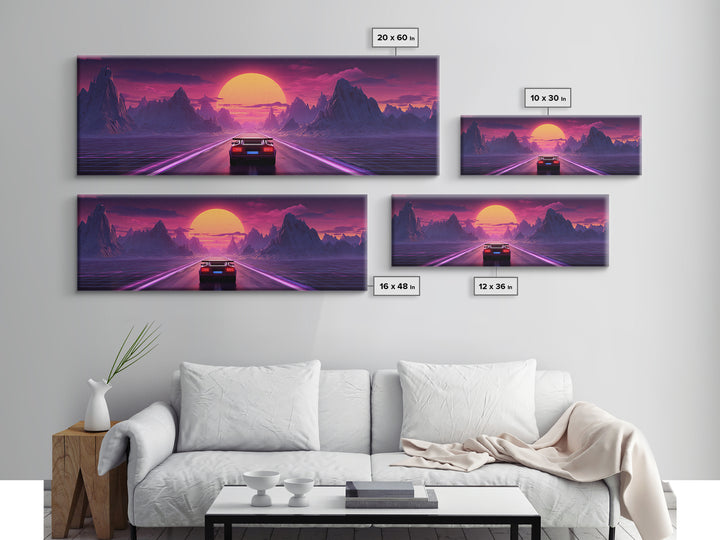 Retro Futuristic Car Road Canvas Print, Cyberpunk Mountain Wall Art, Neon Synthwave Gaming Room Decor, Sci Fi Poster, Gift For Him