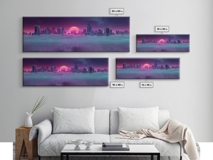 Vaporwave Skyline Over Clouds Canvas Print, Retro Futuristic City Wall Art, Neon Synthwave Decor, Gaming Room Poster, Gift