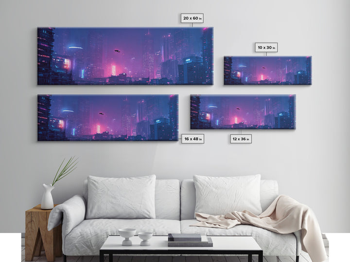 Cyberpunk Neon City Skyline Wall Art, Futuristic Framed Canvas Print, Sci Fi Urban Decor, Gaming Room Wall Decor, Large Print