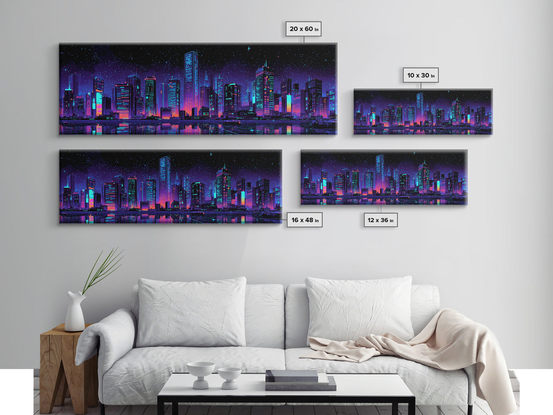 Neon Cyberpunk City Skyline Wall Art, Futuristic Urban Canvas Print, Vaporwave Gaming Room Decor, Sci Fi Office Poster Art
