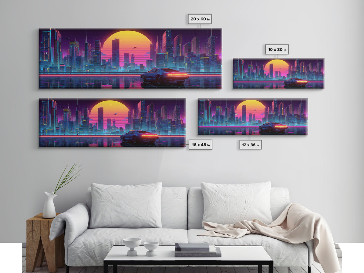 Neon Cyberpunk City Car Canvas Print, Futuristic Wall Art, Sci Fi Poster, Gaming Room Decor, Vaporwave Modern Home Decor