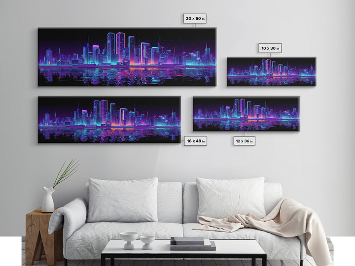 Neon Cyberpunk City Skyline Wall Art, Futuristic Synthwave Canvas Print, Urban Night Office Decor, Gamer Room Home Decor Poster