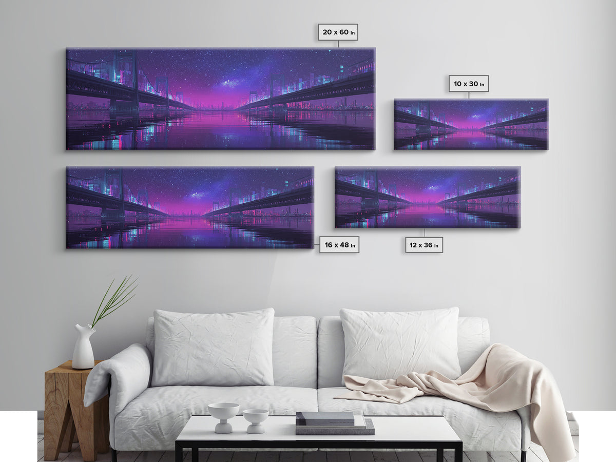 Neon Twin Bridges Over City Water, Cyberpunk Wall Art, Futuristic Canvas Print, Sci Fi Urban Decor, Gaming Room Art, Office Decor