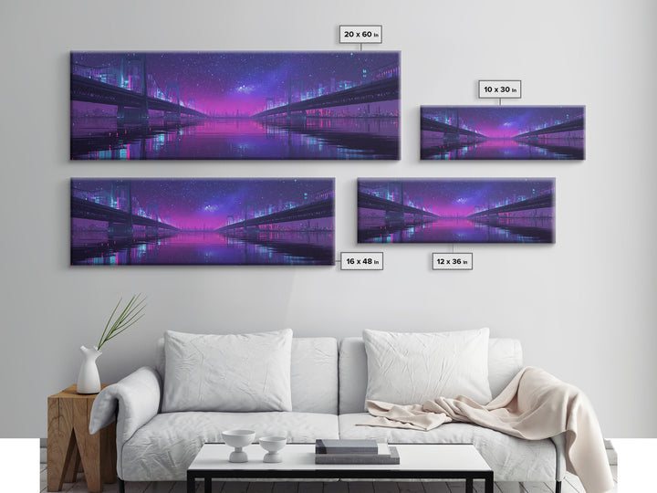 Neon Twin Bridges Over City Water, Cyberpunk Wall Art, Futuristic Canvas Print, Sci Fi Urban Decor, Gaming Room Art, Office Decor