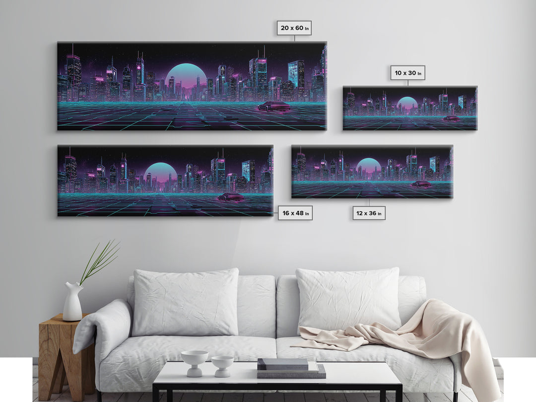 Futuristic Neon Skyline And Grid Highway, Cyberpunk Wall Art, Synthwave Canvas Print, Gaming Room Decor, Office Wall Decor
