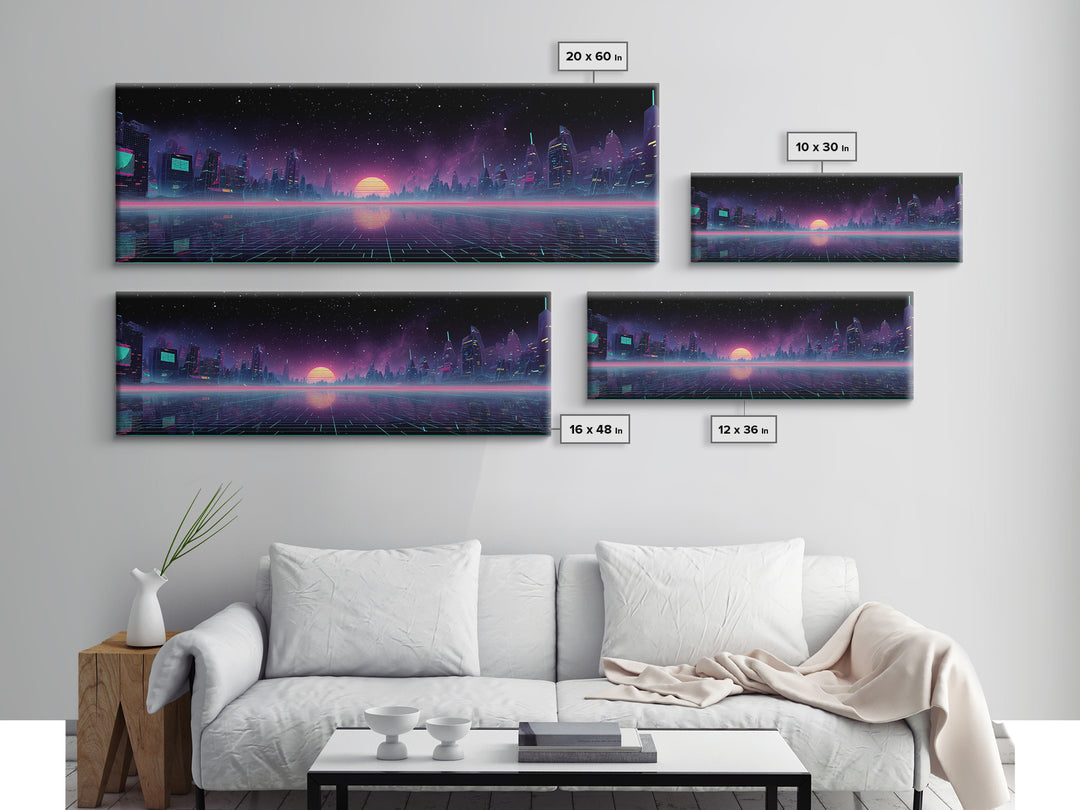 Futuristic Neon City Skyline Wall Art, Cyberpunk Grid Landscape, Sci Fi Poster, Vaporwave Decor, Gaming Room Canvas Print